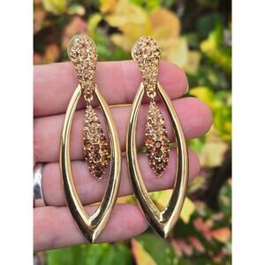 Vintage Judith Leiber Crystal Ellipse Gold Tone Drop Dangle Earrings